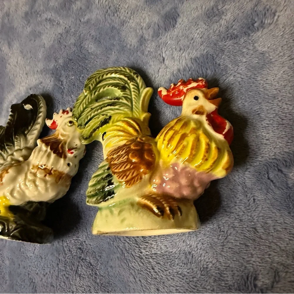 Vintage Colorful Ceramic Rooster Figurines‎ - Set of 2